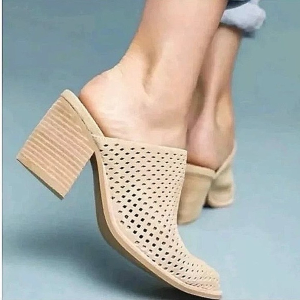 Jeffrey Campbell Size 9 Favela Beige Tan Perforated Suede Mules Heels‎